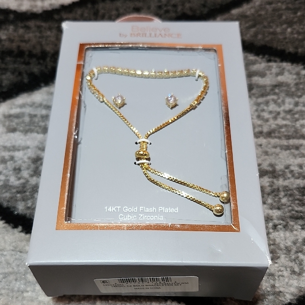 BELIEVE BY BRILLIANCE 14KT GOLD PLATED CUBIC ZIRCONIA BRACELET & EARRING SET
